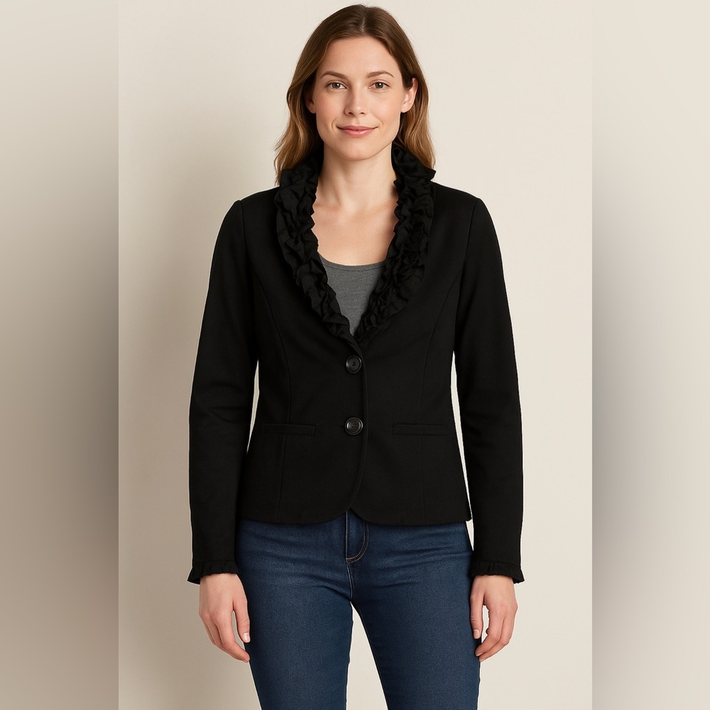 Nick & Mo Black Ruffle Collar Blazer Jacket Size L